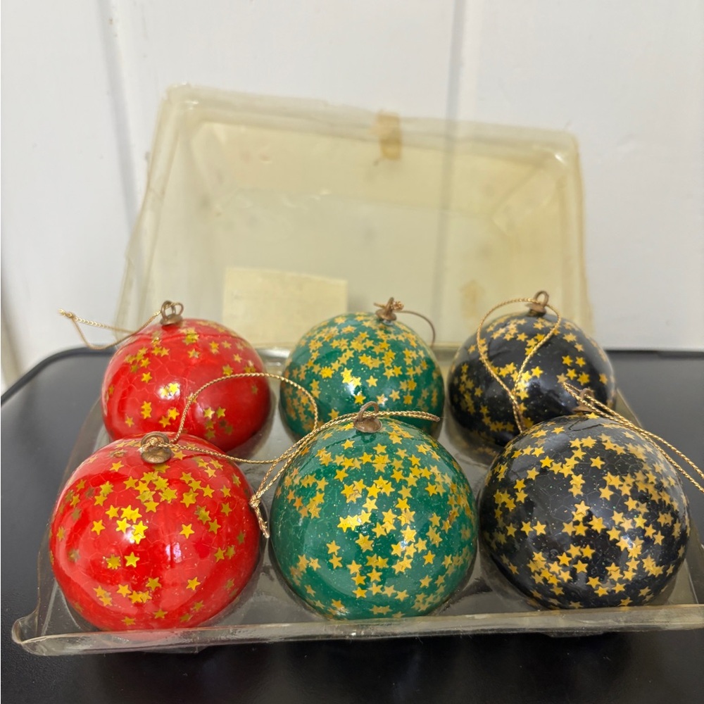 Holiday Sparkle Ornaments Vintage - Set of 6 Starry Ornament Set Red Green Black